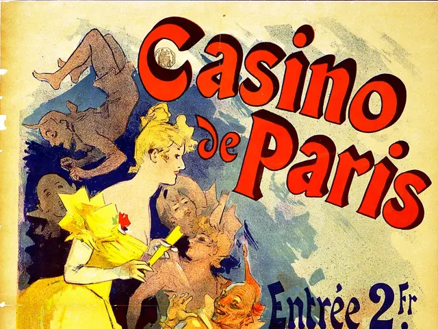 The image shows a poster advertising a casino in Paris, featuring a woman in the center surrounded...
