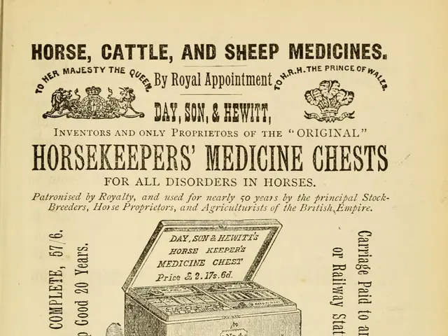 The image shows an old book with a picture of a horse, cattle, and sheep medicine chest on it. The...