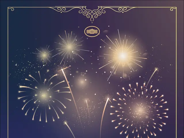 The image shows a happy new year card with fireworks exploding in the background, creating a...