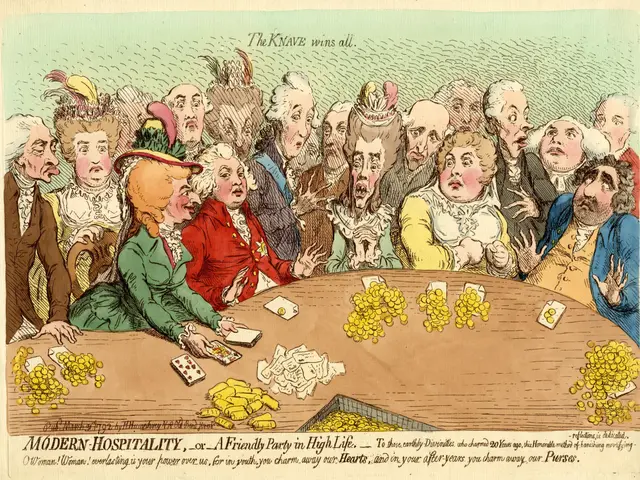 The image shows a cartoon of a group of people sitting around a table playing cards, with coins...