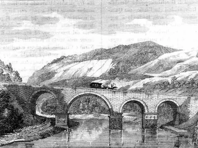 The image shows a black and white engraving of a bridge over a river with arches, surrounded by...