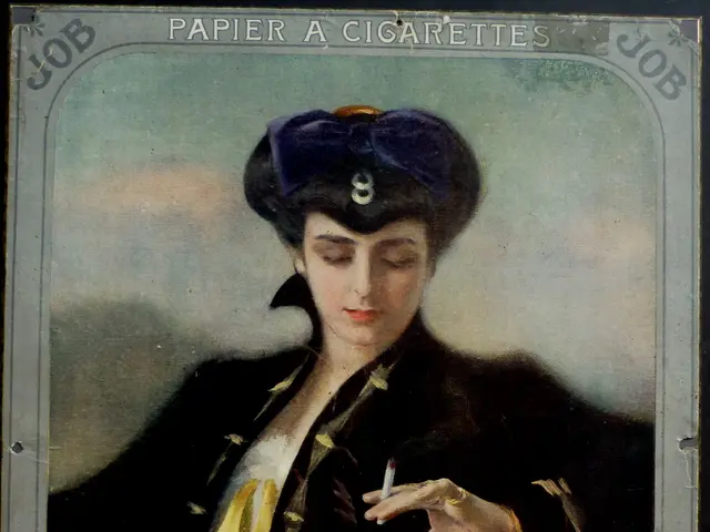 The image shows a woman smoking a cigarette in front of a black background. She has a serious...