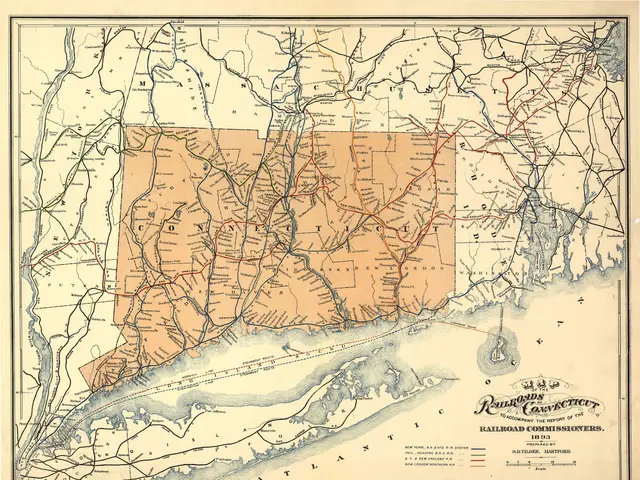The image shows an old map of the state of Massachusetts from 1853, depicting railroad...