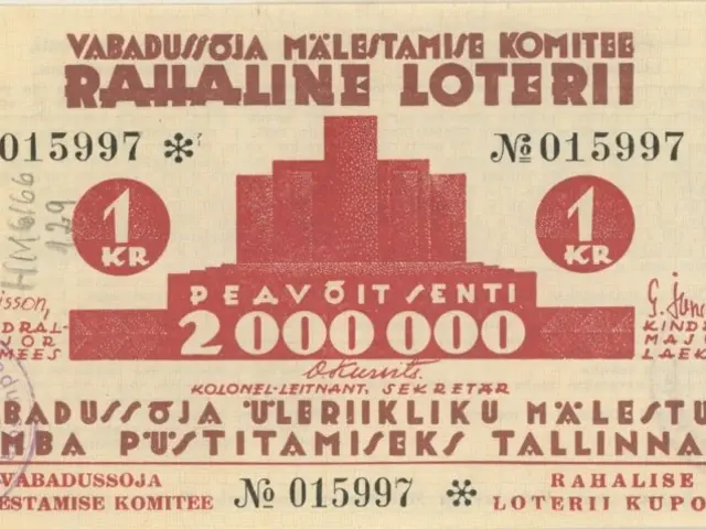 The image shows a rahaline lottery ticket with a picture of a building on it. The ticket has text,...