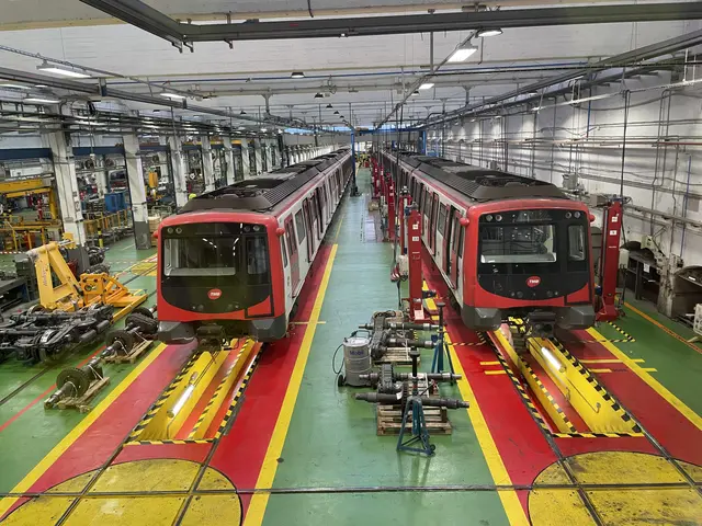 The image shows two trains on the tracks in a large factory, surrounded by machines and other...