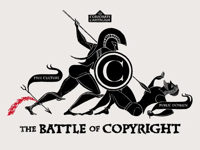 The image shows two people engaged in a fierce battle, with the words "The Battle of Copyright"...