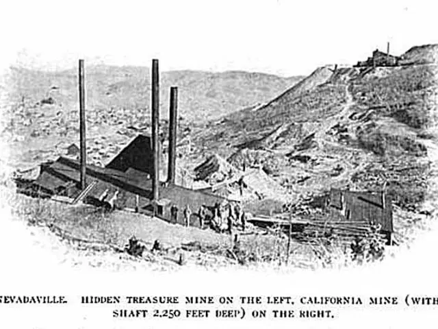 The image shows a black and white photo of a mountain with a shed and poles in the foreground, and...