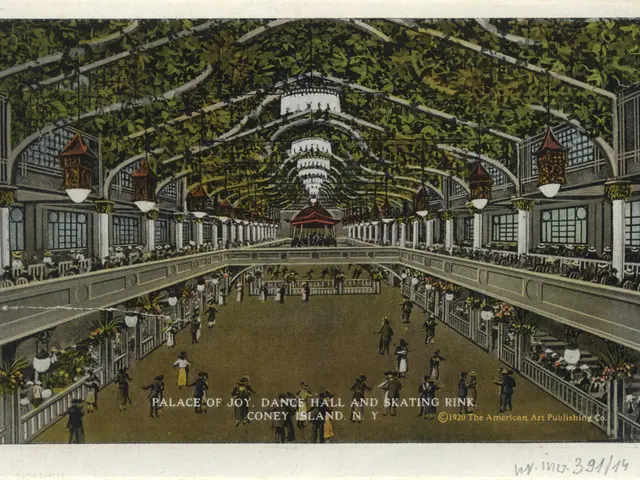 The image shows an old postcard of a large building with people walking around it. At the bottom of...