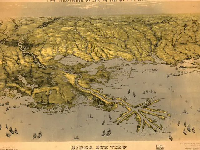 The image shows an old map of the state of Florida, with birds eye view of the area. The paper has...