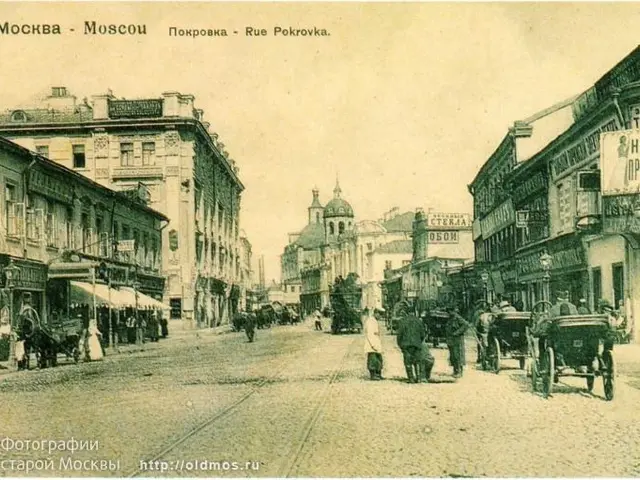 The image shows an old black and white photo of a city street in Moscow, Russia. We can see people...