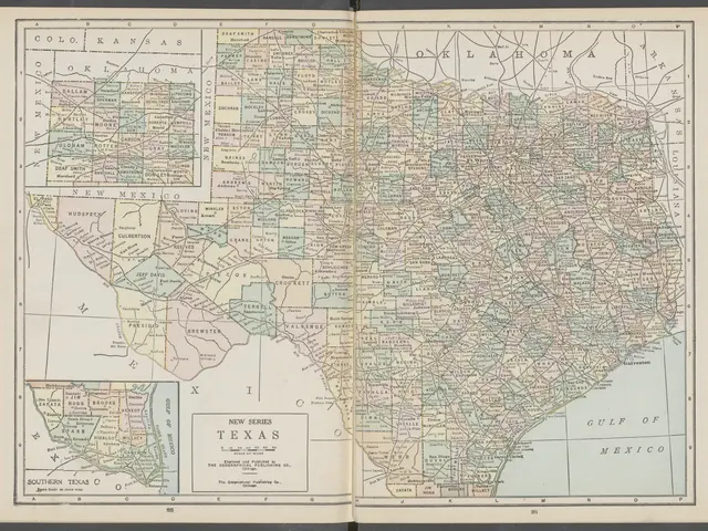 The image shows an open book with a map of Texas on it. The map is detailed and shows the various...