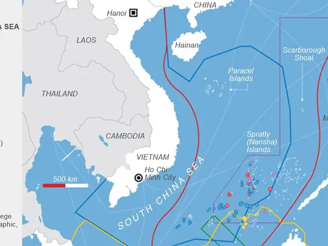 The image shows a map of the South China Sea territorial claims, with text indicating the locations...