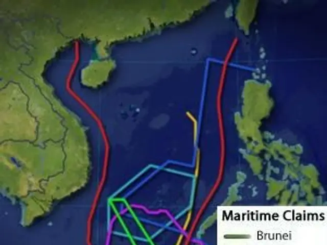 The image shows a map of the world with different colored lines representing the maritime claims of...