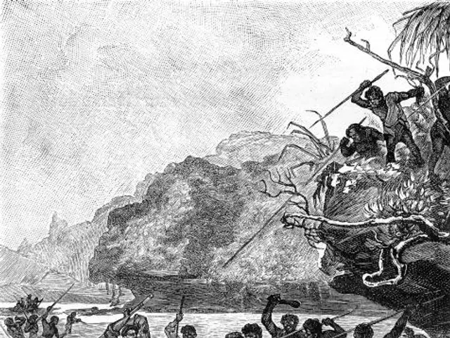 The image shows a black and white illustration of a group of people in a boat on a river,...