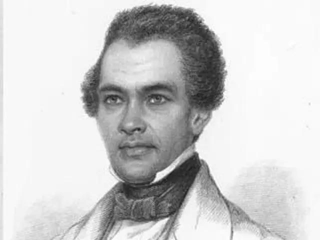 The image shows a black and white drawing of a man in a suit, believed to be William Brown, the...