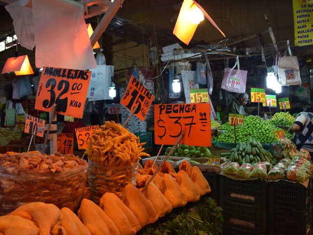 The image shows a bustling market with a variety of fruits and vegetables on display. There are...