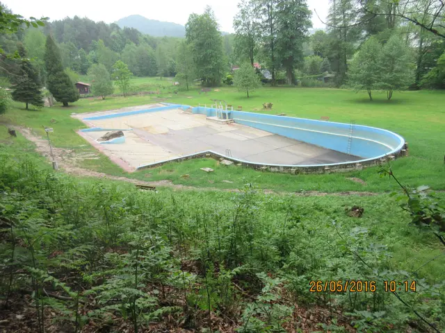 The image shows an abandoned swimming pool in the middle of a lush green field surrounded by trees,...