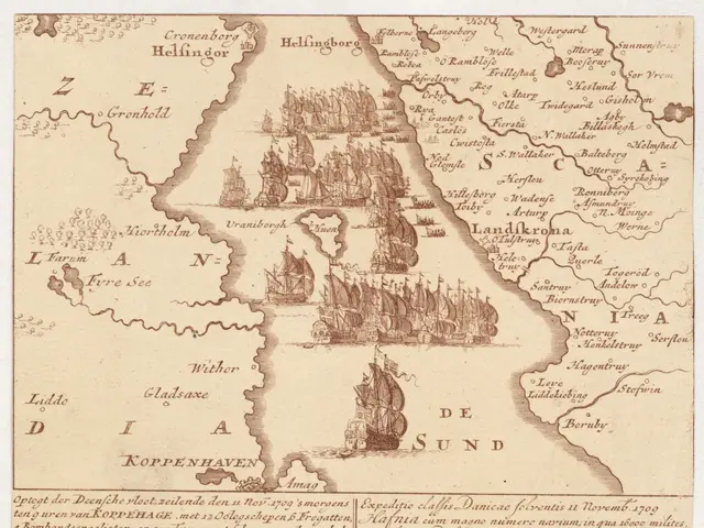 The image shows an old map of the Netherlands with ships in the middle of it. The paper has text...