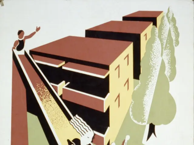 The image shows a poster on the wall with text that reads "Your children like these low rent homes"...