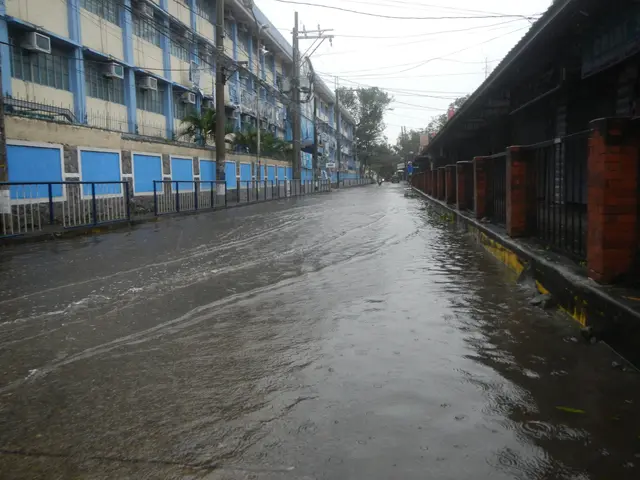 The image shows a flooded street in the middle of a city, with water covering the road, railings,...