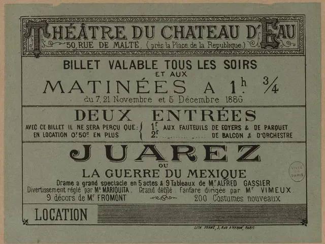 The image shows an old ticket for the Theatre du Chateau d'Eau in Juarez, Mexico. The ticket has...