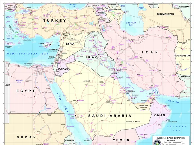 The image shows a large detailed political map of the Middle East, with countries and their...