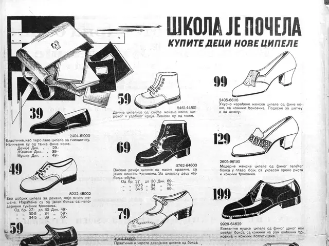 The image shows an advertisement for men's shoes from the 1970s, featuring a variety of footwear...