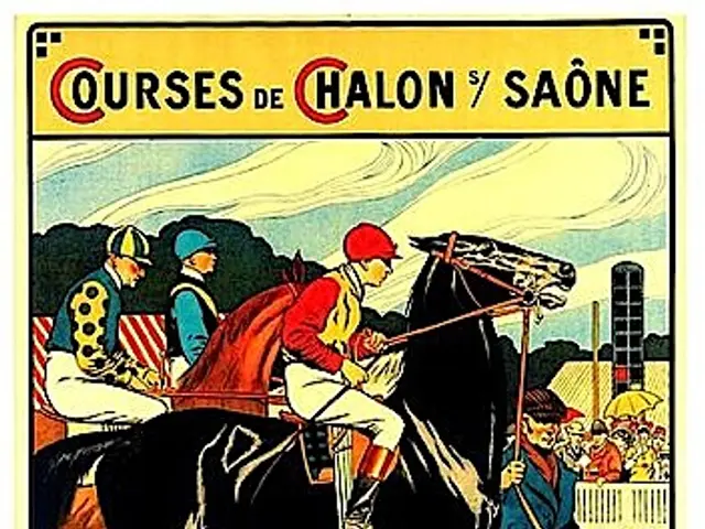 The image shows a poster advertising a horse race with jockeys on horses, surrounded by a crowd of...