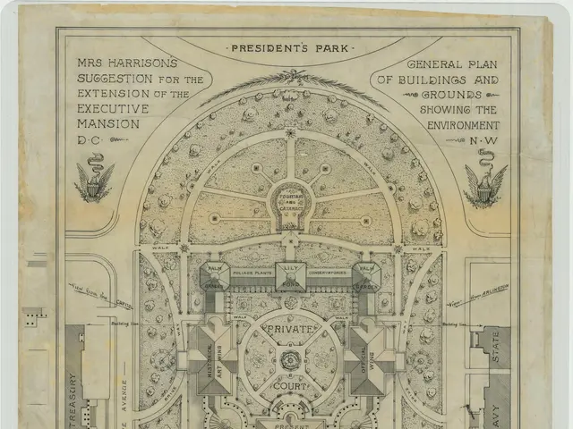The image shows a map of the President's Park in Washington, D.C. with text detailing the plan of...