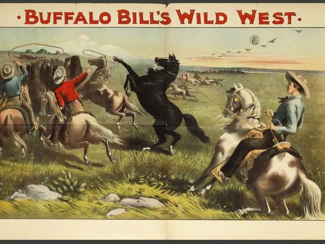 The image shows a poster of Buffalo Bill's Wild West, depicting a group of people riding horses in...