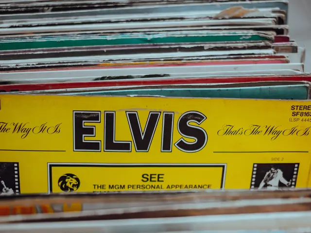 The image shows a stack of Elvis Presley records sitting on top of a table. The records are...