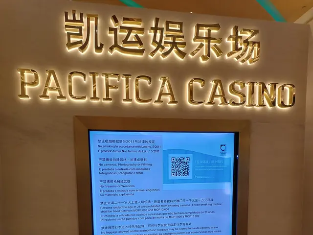 The image shows a sign that reads "Pacifica Casino" on the side of a building, with a screen on the...