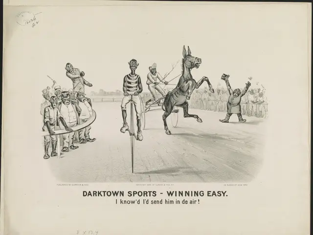 The image shows a paper with a drawing of a horse and a man riding it, surrounded by a crowd of...