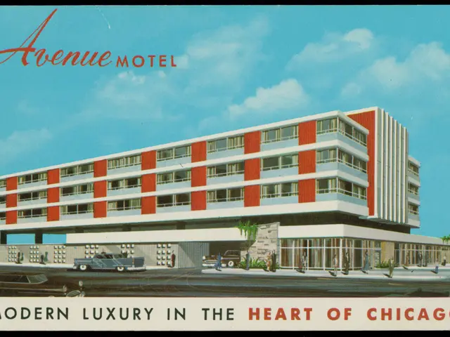 The image shows a modern luxury hotel in the heart of Chicago, with a poster of the building,...