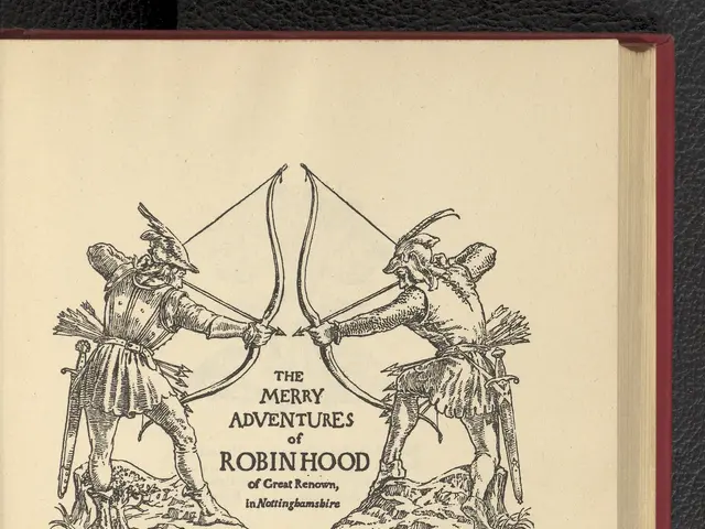 The image shows an open book with a drawing of two people holding bows and arrows, with the words...