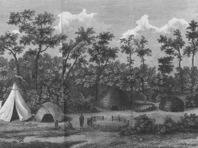 The image shows a black and white drawing of a group of tents in a wooded area, with a cart on the...