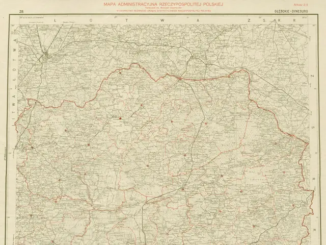 The image shows an old map of Poland with a red line running through it. The paper has text written...