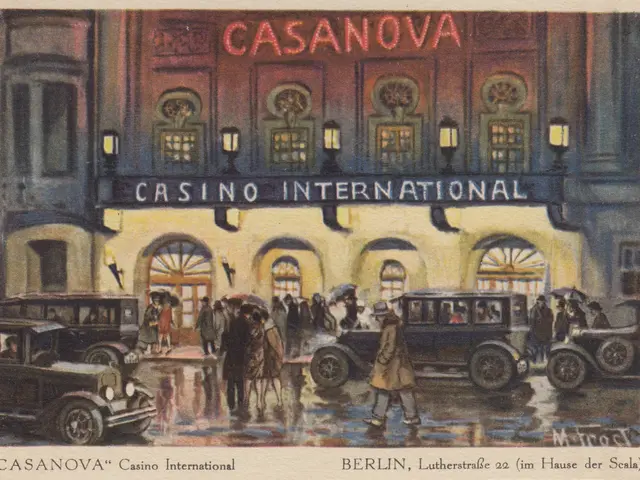 The image shows a painting of the Casanova Casino International in Berlin, Germany. It depicts a...