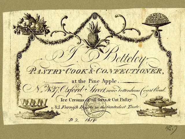 The image shows an old advertisement for a pastry cook and confectioner, featuring a paper with...