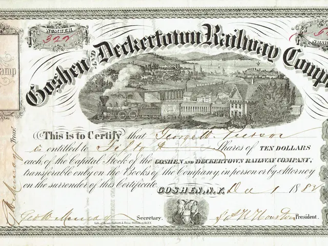 The image shows an old stock certificate with a picture of a train on it. The certificate has text...