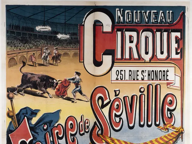 The image shows a poster advertising a circus in Seville, Spain. It features a group of people,...