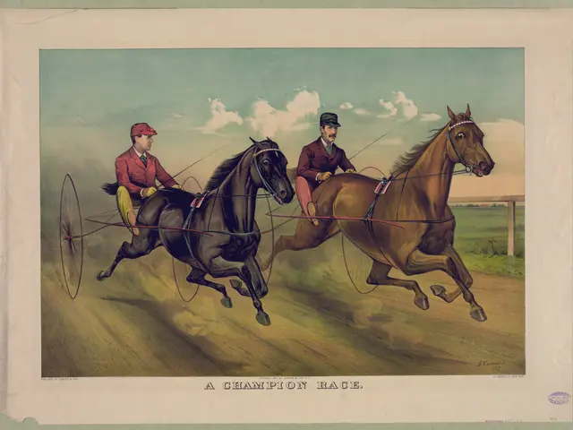 The image shows two men riding on the backs of horses in a champion race, with a cart in the...