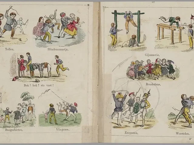The image shows an open book with illustrations of people playing various sports, such as running,...