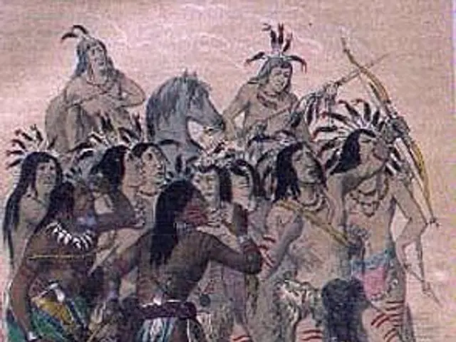 The image shows a painting of a group of Native American Indians on horseback, engaged in a battle....