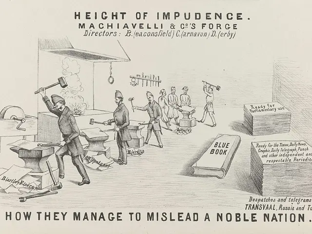 The image shows a poster depicting a group of people standing and holding various objects, with the...