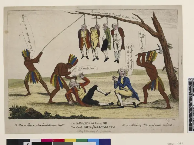 The image shows a group of people in native american clothing playing a game of tug of war, with...