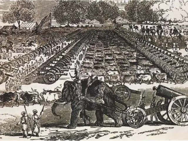 The image shows a black and white drawing of an elephant pulling a cart full of cattle, with...