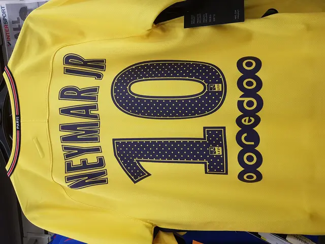 The image shows a yellow soccer jersey with the number 10 on it, belonging to Neymar Jr. from the...