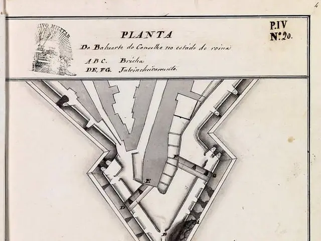 The image shows a drawing of a plan of a building with a triangle in the middle of it, which is...