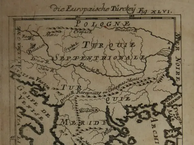 The image shows an old book with a map of Europe on it. The map is detailed and shows various...